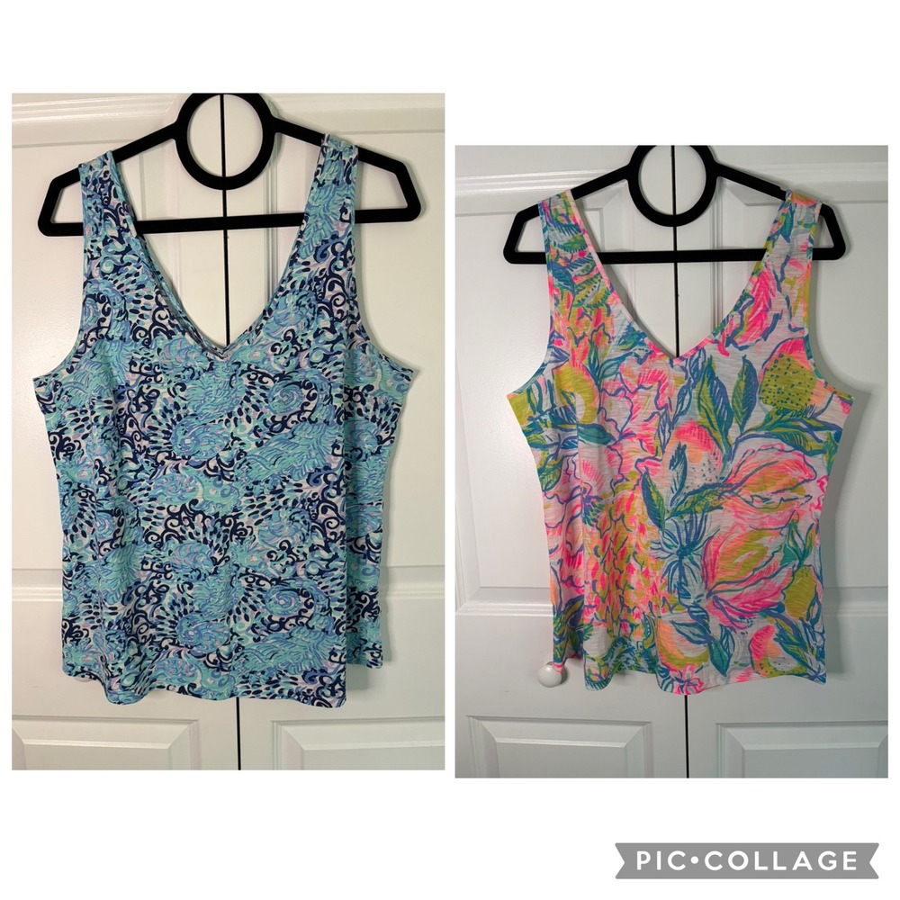 Lilly Pulitzer Gigi Tank Top Bundle Fiesta Bamba Light Aqua Spritz Cotton L